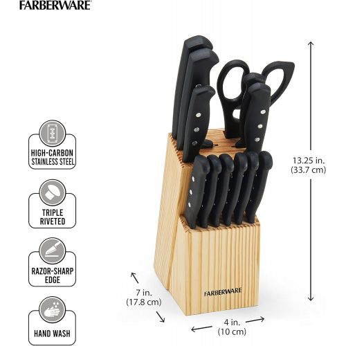  Farberware 22-Piece Never Needs Sharpening Triple Rivet High-Carbon Stainless Steel Knife Block and Kitchen Tool Set, Black