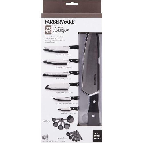  Farberware Triple Riveted Soft Grip Knife Set with Blade Covers and Gadgets, 23 Piece, Black