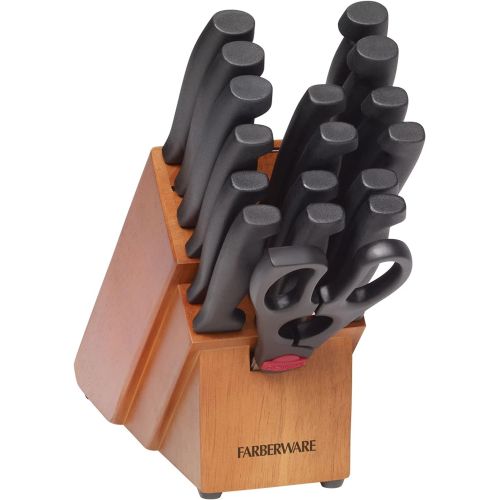  Farberware Never Needs Sharpening High-Carbon Stainless Steel Knife Block Set with Non-Slip Handles, 18 Piece, Black