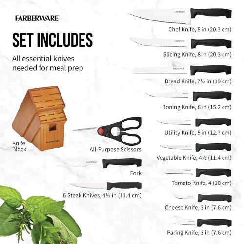  Farberware Never Needs Sharpening High-Carbon Stainless Steel Knife Block Set with Non-Slip Handles, 18 Piece, Black