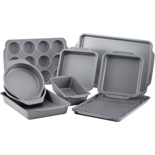  [아마존베스트]Farberware Nonstick Steel Bakeware Set with Cooling Rack, Baking Pan and Cookie Sheet Set with Nonstick Bread Pan and Cooling Grid, 10-Piece Set, Gray
