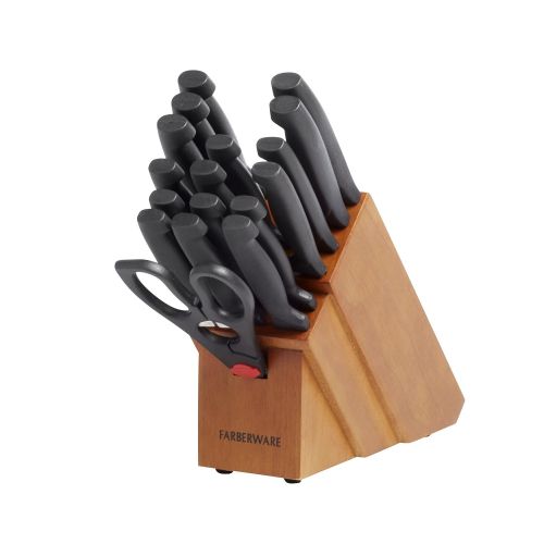  Farberware 5102280 18-Piece Never Needs Sharpening High-Carbon Stainless Steel Knife Block Set with Non-Slip Handles, Natural/Black