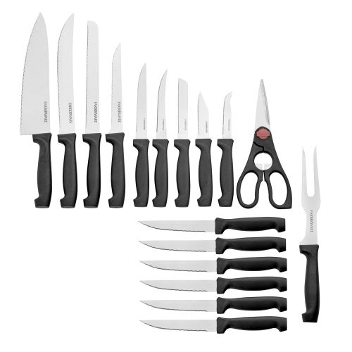  Farberware 5102280 18-Piece Never Needs Sharpening High-Carbon Stainless Steel Knife Block Set with Non-Slip Handles, Natural/Black