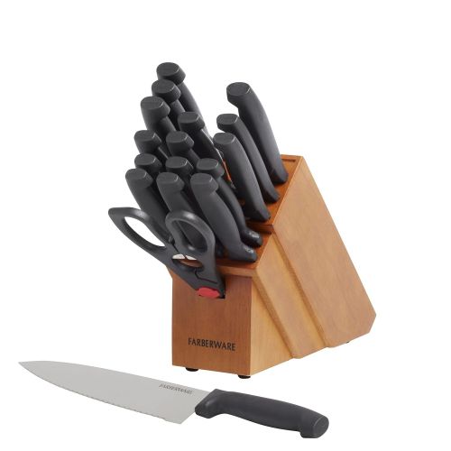  Farberware 5102280 18-Piece Never Needs Sharpening High-Carbon Stainless Steel Knife Block Set with Non-Slip Handles, Natural/Black