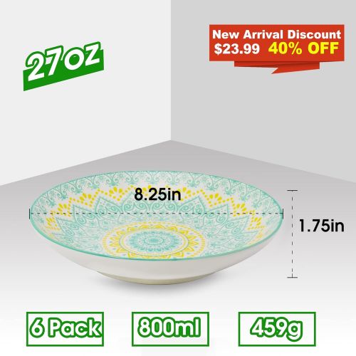  [아마존베스트]Farielyn-X Large Salad Pasta Bowls Set of 6, Wide and Shallow Porcelain Dinner Bowl/Dishes, 27 oz Assorted Patterns Serving Plates and Bowls for Pasta, Salad, Cereal, Soup, Microwa