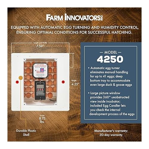  Farm Innovators 41 Egg Incubator with Automatic Egg Turning and Humidity Control, Egg Candler with Digital LCD Display for Improved Hatching, White