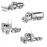 Fascinations SET of 4 Metal Earth Model Kits Freightliner Long Nose COE Dump Snow Plow Truck