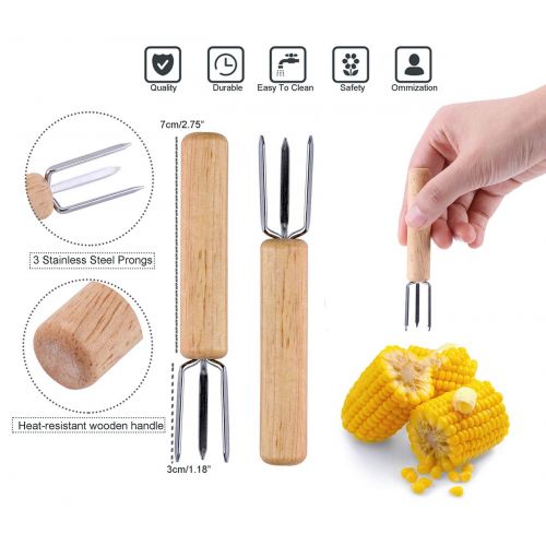  Fashionclubs Corn Holders Stainless Steel Corn On The Cob Skewers Holders Sweetcorn Holders Prong Forks for BBQ, Picnic, Fruit Snacks, Wooden Handles, Set of 8