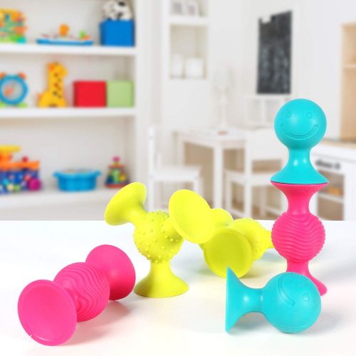  Fat Brain Toys PipSquigz 6 Piece Set with Storage Bag - Exclusive Rattle Suction Toy Building Set with Bonus Carrying Case - BPA-Free