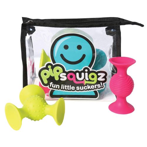  Fat Brain Toys PipSquigz 6 Piece Set with Storage Bag - Exclusive Rattle Suction Toy Building Set with Bonus Carrying Case - BPA-Free