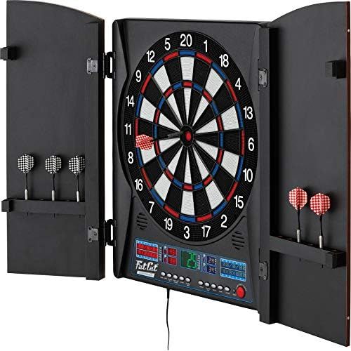  Fat Cat by GLD Products Fat Cat Electronx Electronic Dartboard, Built In Cabinet, Solo Play With Cyber Player, Dual Screen Scoreboard Display, Extended Catch Ring For Missed Darts, Classic Door Look Match