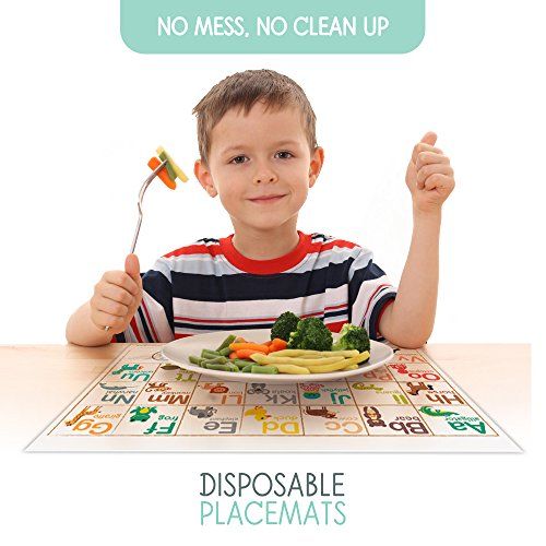  [아마존베스트]Fawn Hill Co. Disposable Placemats for Baby | Peel & Stick on Adhesive Table Topper | ABC & Numbers Educational Animal Sticky Travel Place Mat at Restaurants | Toddler Food & Kid C