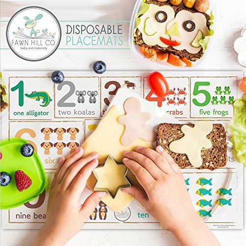  [아마존베스트]Fawn Hill Co. Disposable Placemats for Baby | Peel & Stick on Adhesive Table Topper | ABC & Numbers Educational Animal Sticky Travel Place Mat at Restaurants | Toddler Food & Kid C