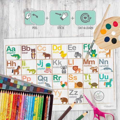  [아마존베스트]Fawn Hill Co. Disposable Placemats for Baby | Peel & Stick on Adhesive Table Topper | ABC & Numbers Educational Animal Sticky Travel Place Mat at Restaurants | Toddler Food & Kid C