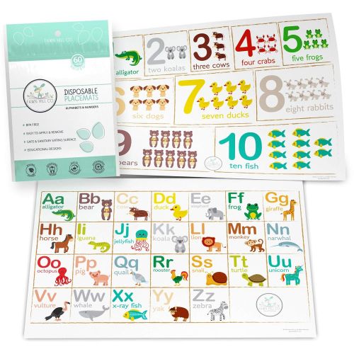  [아마존베스트]Fawn Hill Co. Disposable Placemats for Baby | Peel & Stick on Adhesive Table Topper | ABC & Numbers Educational Animal Sticky Travel Place Mat at Restaurants | Toddler Food & Kid C