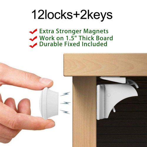  Faylisvow 12Pieces Locks+2Pieces Key Child Safety Magnetic Cabinet Locks, Baby Proof, No Tools Or Screws Needed