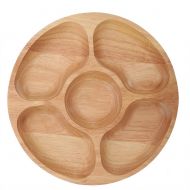 Fdit Wooden Round Shape Food Divided Plate Dessert Snack Sub-grid Dish Tableware Tray Multiple Compartments(25cm)