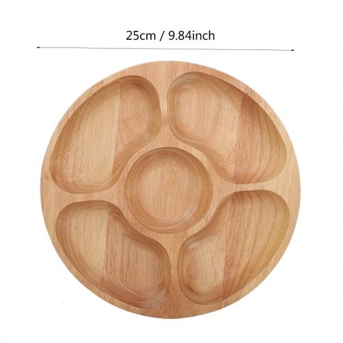  Fdit Wooden Round Shape Food Divided Plate Dessert Snack Sub-grid Dish Tableware Tray Multiple Compartments(25cm)