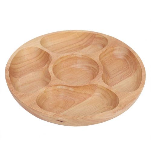  Fdit Wooden Round Shape Food Divided Plate Dessert Snack Sub-grid Dish Tableware Tray Multiple Compartments(25cm)