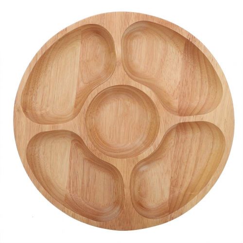  Fdit Wooden Round Shape Food Divided Plate Dessert Snack Sub-grid Dish Tableware Tray Multiple Compartments(25cm)