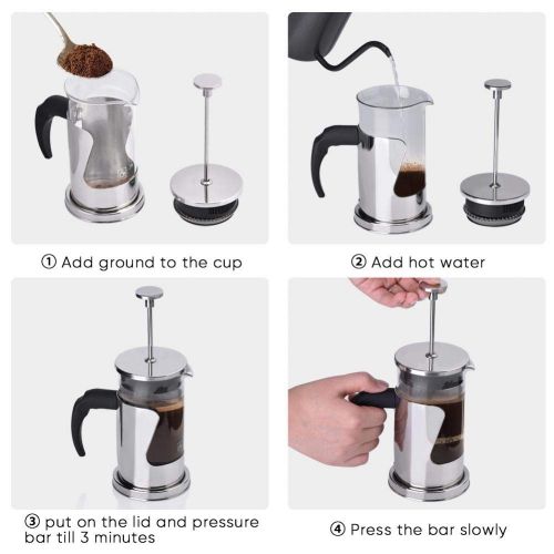  Fdit French Press Kaffeebereiter, 304 Edelstahl und Glas, 350 ml, hitzebestandig