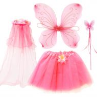 Fedio fedio 4Pcs Girls Princess Fairy Costume Set with Wings, Tutu, Wand and Floral Wreath Veil for Children Ages 3-6