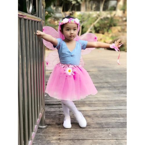  Fedio fedio 4Pcs Girls Princess Fairy Costume Set with Wings, Tutu, Wand and Floral Wreath Veil for Children Ages 3-6