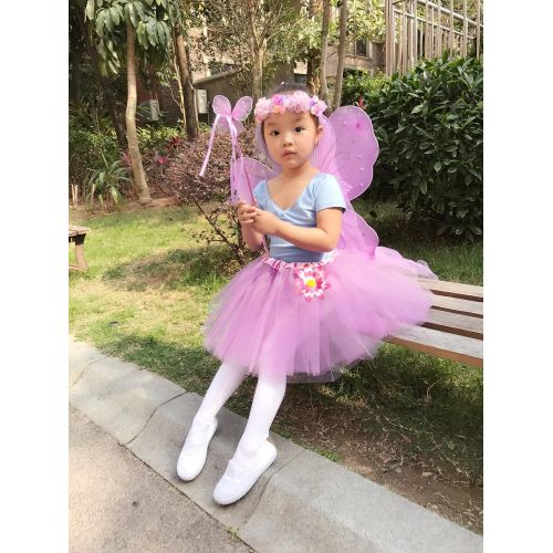  Fedio fedio 4Pcs Girls Princess Fairy Costume Set with Wings, Tutu, Wand and Floral Wreath Veil for Children Ages 3-6