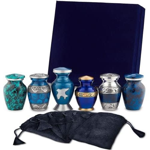  Keepsake Cremation Urns, Blue (6pc), Small Funeral Urns for Human Ashes w/Velvet Box, by Fedmax.