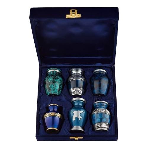  Keepsake Cremation Urns, Blue (6pc), Small Funeral Urns for Human Ashes w/Velvet Box, by Fedmax.