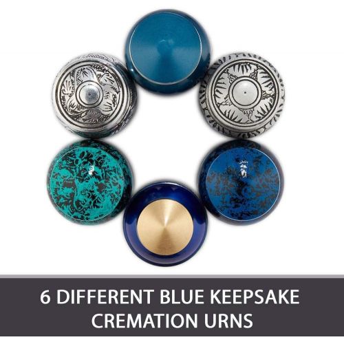  Keepsake Cremation Urns, Blue (6pc), Small Funeral Urns for Human Ashes w/Velvet Box, by Fedmax.