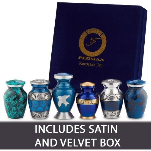  Keepsake Cremation Urns, Blue (6pc), Small Funeral Urns for Human Ashes w/Velvet Box, by Fedmax.