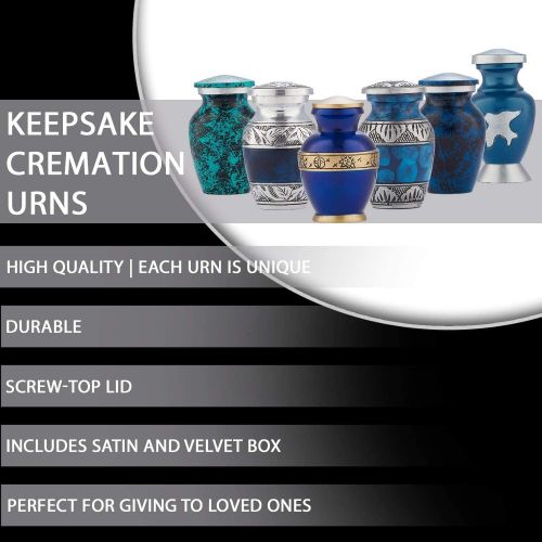  Keepsake Cremation Urns, Blue (6pc), Small Funeral Urns for Human Ashes w/Velvet Box, by Fedmax.