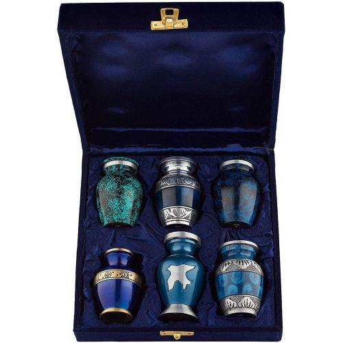  Keepsake Cremation Urns, Blue (6pc), Small Funeral Urns for Human Ashes w/Velvet Box, by Fedmax.