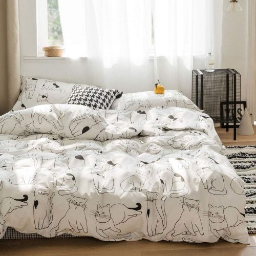  Feelyou feelyou Cat Print Duvet Cover Set for Kids Boys Girls Bedding Sets Twin Size Cute Cartoon Animals Comforter Cover Set Soft Cotton Quilt Cover with Pillow Shams Children Teens, Whit