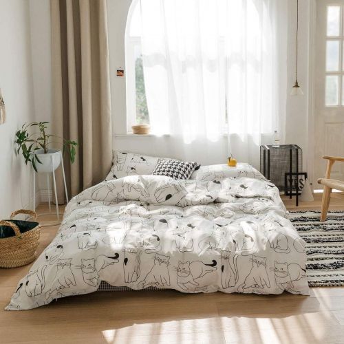  Feelyou feelyou Cat Print Duvet Cover Set for Kids Boys Girls Bedding Sets Twin Size Cute Cartoon Animals Comforter Cover Set Soft Cotton Quilt Cover with Pillow Shams Children Teens, Whit