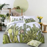 Feelyou Green Cactus Duvet Cover Set, Cartoon Tropical Cactus Flower Pattern Printed on White Microfiber,3 Piece Bedding Set with Zipper Closure for Teen Girl Boy Adult(Queen)