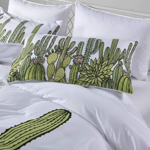  Feelyou Green Cactus Duvet Cover Set, Cartoon Tropical Cactus Flower Pattern Printed on White Microfiber,3 Piece Bedding Set with Zipper Closure for Teen Girl Boy Adult(Queen)