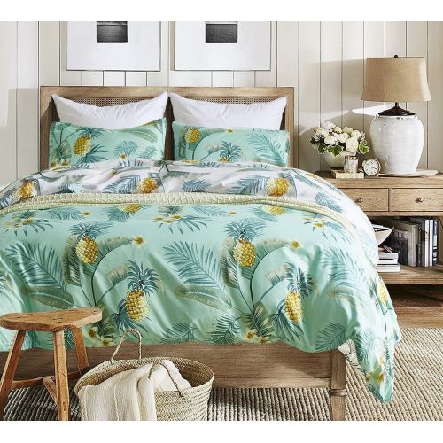  Feelyou feelyou Leaf Duvet Cover Sets King Green Golden Pineapple Palm Leaves Pattern Tropical Bedding Comforter Cover Sets for Kids Boys Girls Women Men Soft Polyester Bedding Set, 3 Piec