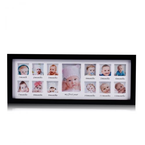  [아마존베스트]Feibi My First Year Baby Photo Frame Newborn Baby Keepsake Frame Kit Wood Kids Wall Hanging Picture Frame 14 Month Photo Frame (Black) - Unique Baby Gifts The Perfect Decorations f