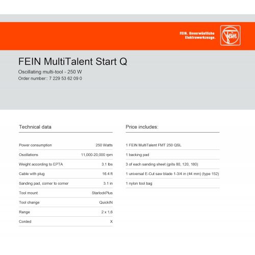  [아마존베스트]FEIN FMT250QSL MultiTalent Start Q StarlcokPlus Oscillating Multi-Tool with snap-fit accessory change