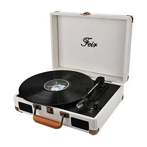  Feir Vinyl Record Player Bluetooth with Speakers 3 Speed Portable Turntable Suitcase Built in 2 Speakers RCA Line Out AUX Headphone Jack PC Recorder-White