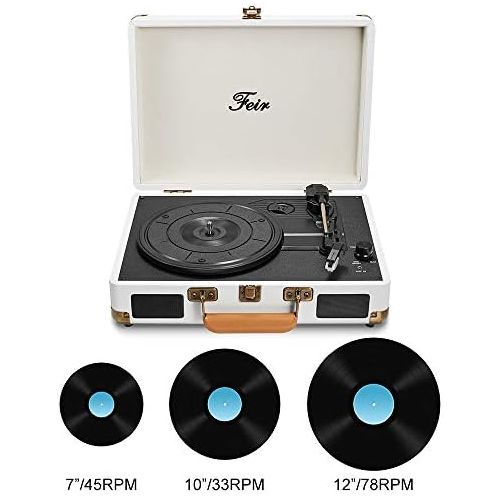  Feir Vinyl Record Player Bluetooth with Speakers 3 Speed Portable Turntable Suitcase Built in 2 Speakers RCA Line Out AUX Headphone Jack PC Recorder-White