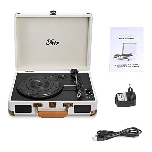  Feir Vinyl Record Player Bluetooth with Speakers 3 Speed Portable Turntable Suitcase Built in 2 Speakers RCA Line Out AUX Headphone Jack PC Recorder-White