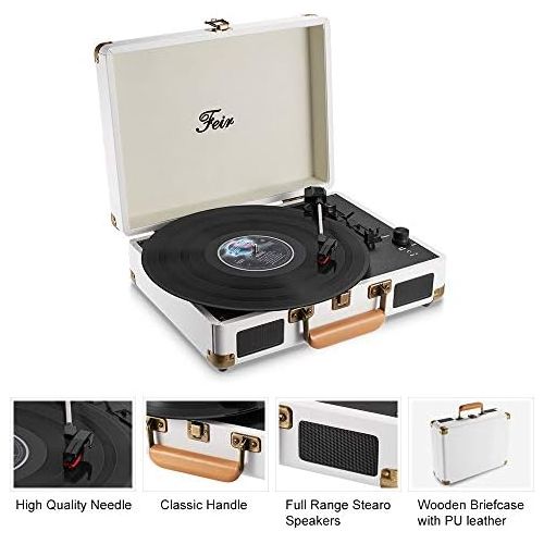  Feir Vinyl Record Player Bluetooth with Speakers 3 Speed Portable Turntable Suitcase Built in 2 Speakers RCA Line Out AUX Headphone Jack PC Recorder-White