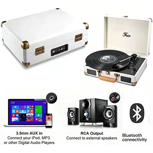  Feir Vinyl Record Player Bluetooth with Speakers 3 Speed Portable Turntable Suitcase Built in 2 Speakers RCA Line Out AUX Headphone Jack PC Recorder-White