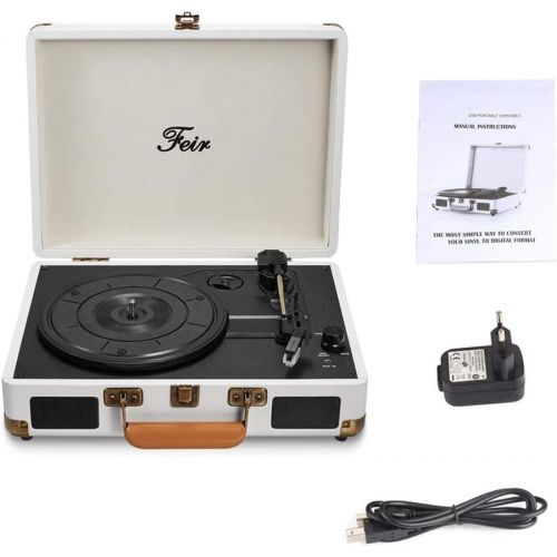  Feir Vinyl Record Player Bluetooth with Speakers 3 Speed Portable Turntable Suitcase Built in 2 Speakers RCA Line Out AUX Headphone Jack PC Recorder-White