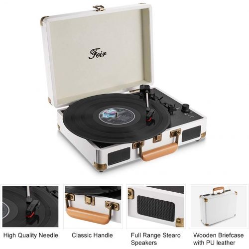  Feir Vinyl Record Player Bluetooth with Speakers 3 Speed Portable Turntable Suitcase Built in 2 Speakers RCA Line Out AUX Headphone Jack PC Recorder-White