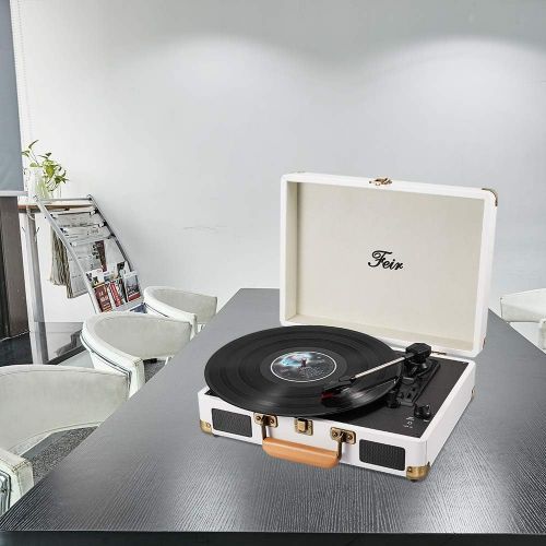  Feir Vinyl Record Player Bluetooth with Speakers 3 Speed Portable Turntable Suitcase Built in 2 Speakers RCA Line Out AUX Headphone Jack PC Recorder-White