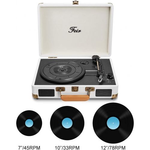  Feir Vinyl Record Player Bluetooth with Speakers 3 Speed Portable Turntable Suitcase Built in 2 Speakers RCA Line Out AUX Headphone Jack PC Recorder-White